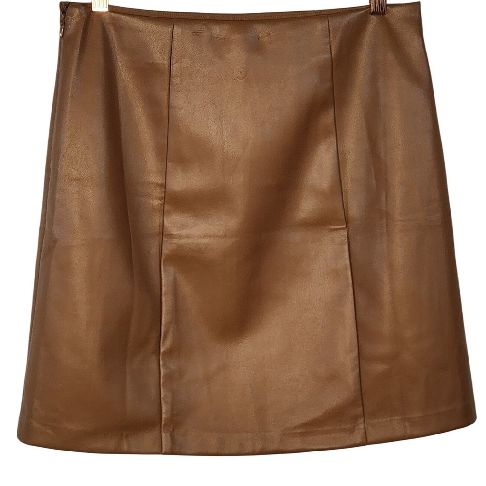 LOFT Petite Faux Leather Mini Skirt Brown‎ Zip Closure Side Slit Size 6P EUC